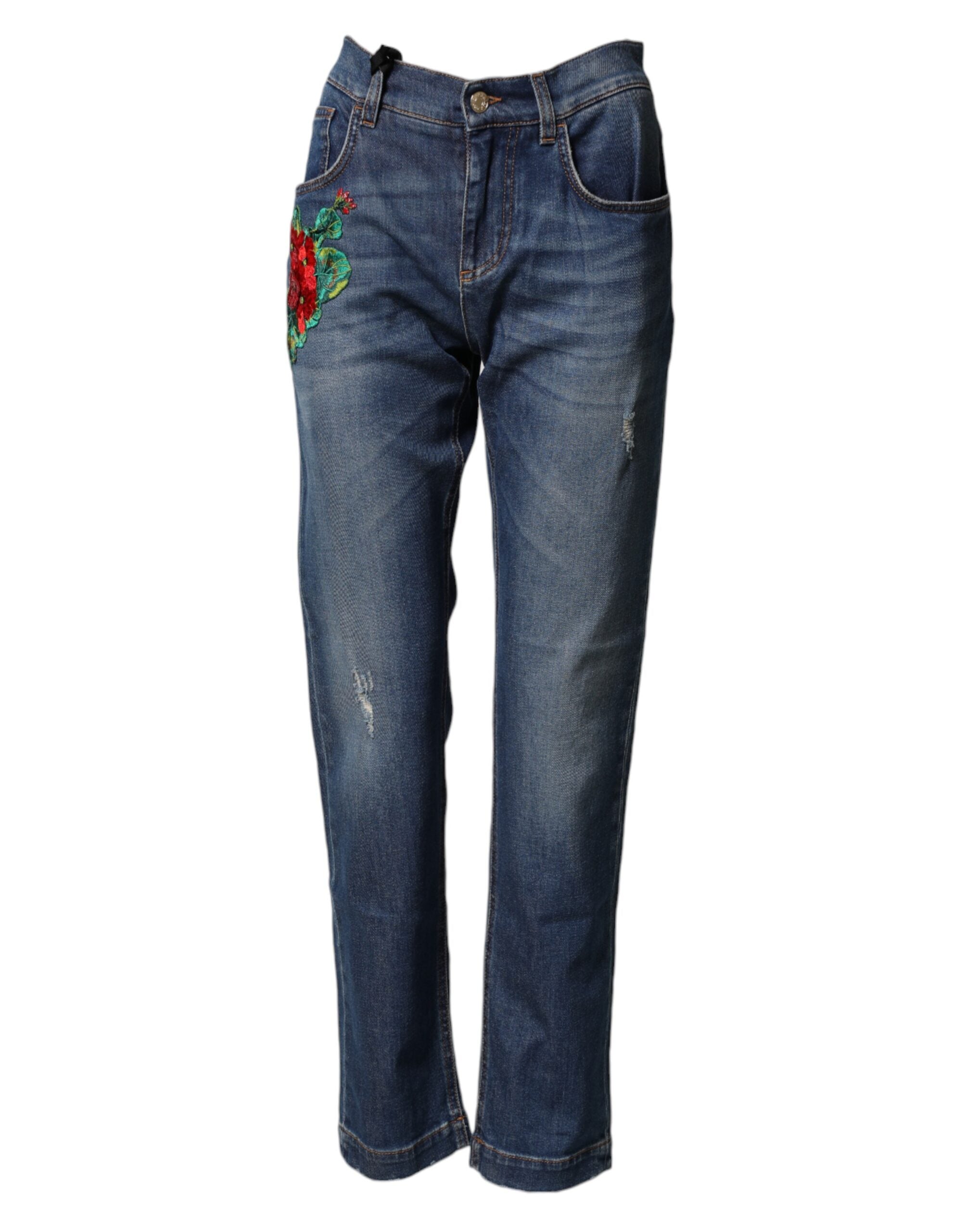 Dolce & Gabbana Blaue Jeans mit Blumenstickerei im Boyfriend-Stil