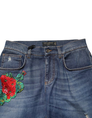 Dolce & Gabbana Blaue Jeans mit Blumenstickerei im Boyfriend-Stil