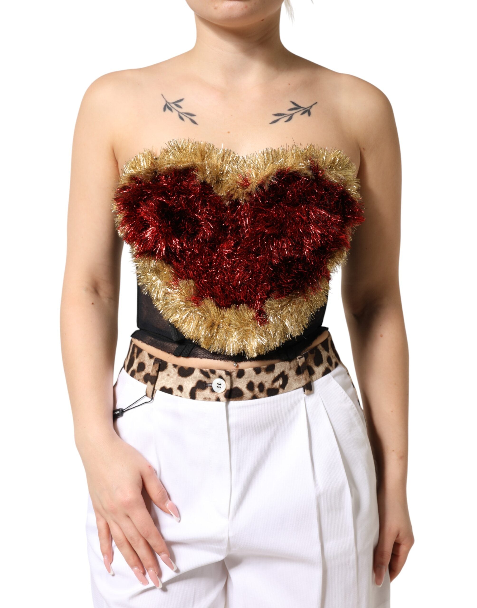 Dolce & Gabbana Schwarzes Gold Herz Bustier Korsett Lametta Top