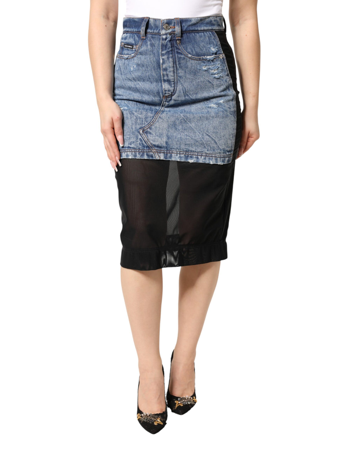 Dolce & Gabbana Blau Schwarz Baumwoll-Denim Transparenter Midirock