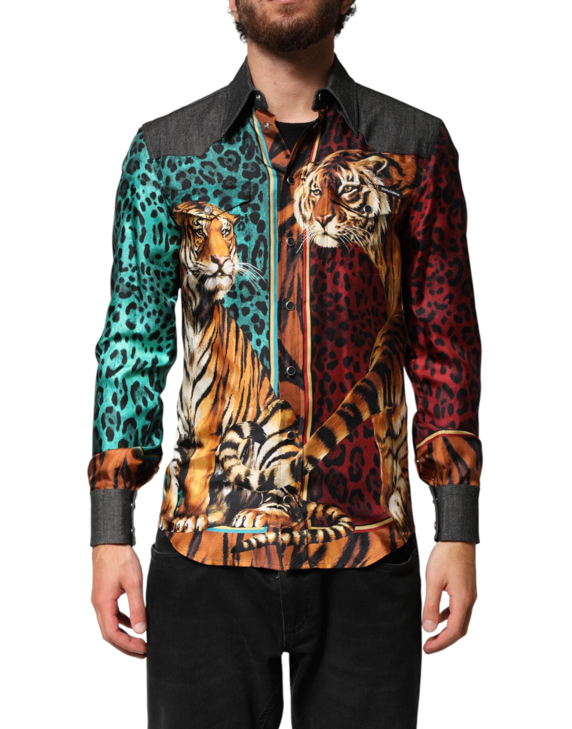 Dolce & Gabbana Multicolor Tijger Luipaard Print Zijde Herenoverhemd