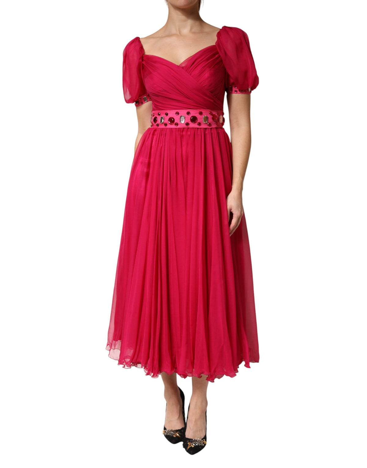 Dolce & Gabbana Rosa Seidenbesticktes A-Linien Midikleid