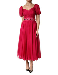 Dolce & Gabbana Rosa Seidenbesticktes A-Linien Midikleid