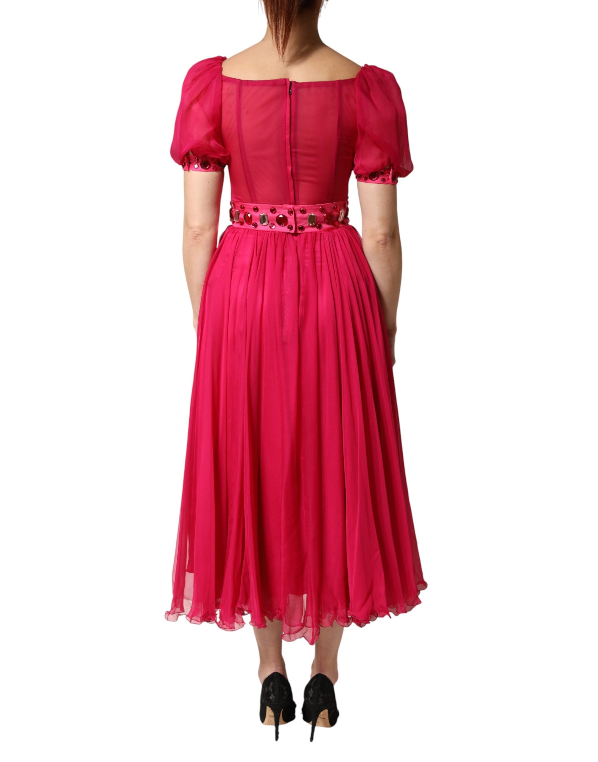Dolce & Gabbana Rosa Seidenbesticktes A-Linien Midikleid