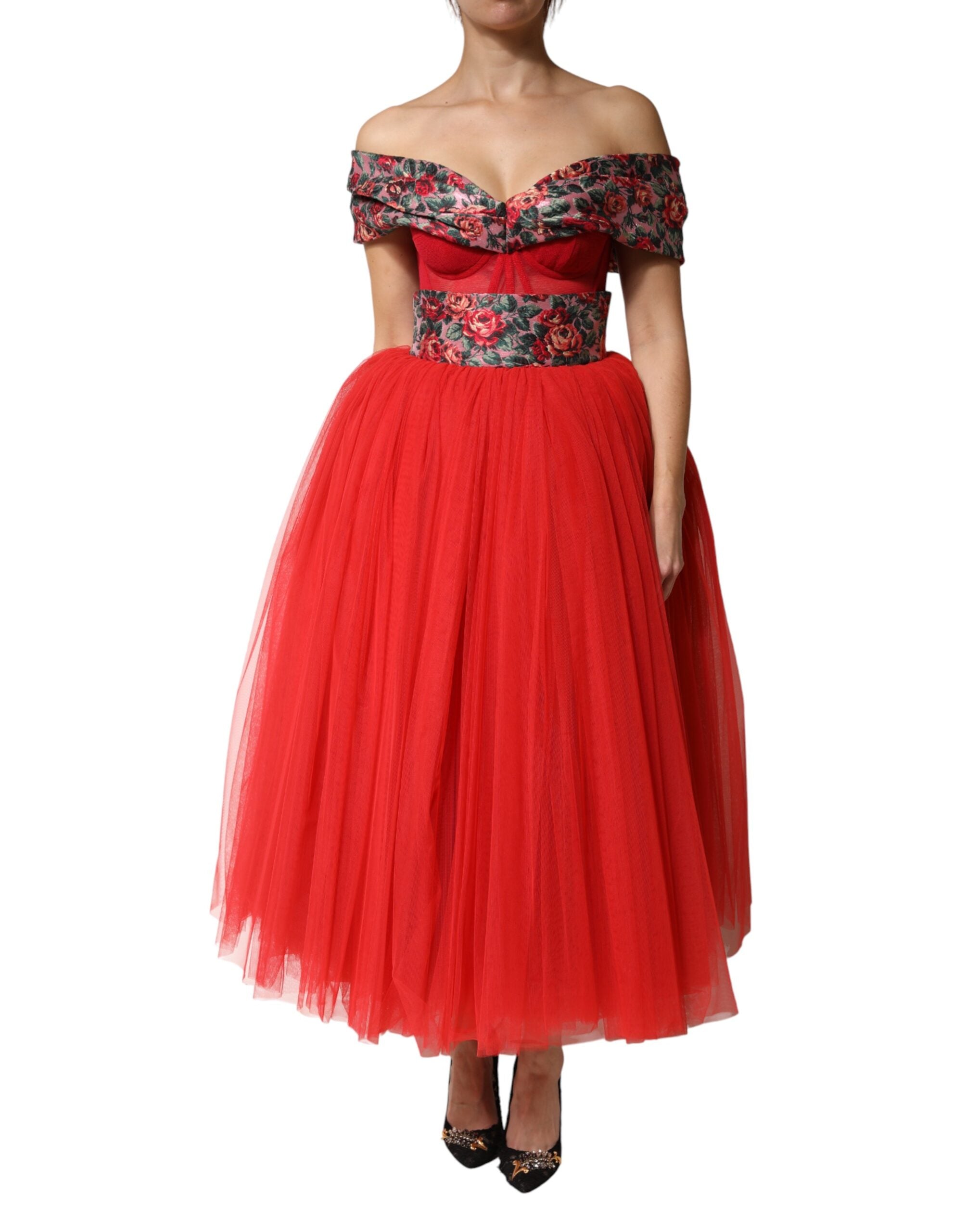 Dolce & Gabbana Rotes florales schulterfreies A-Linien-Abendkleid