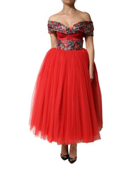 Dolce & Gabbana Rotes florales schulterfreies A-Linien-Abendkleid