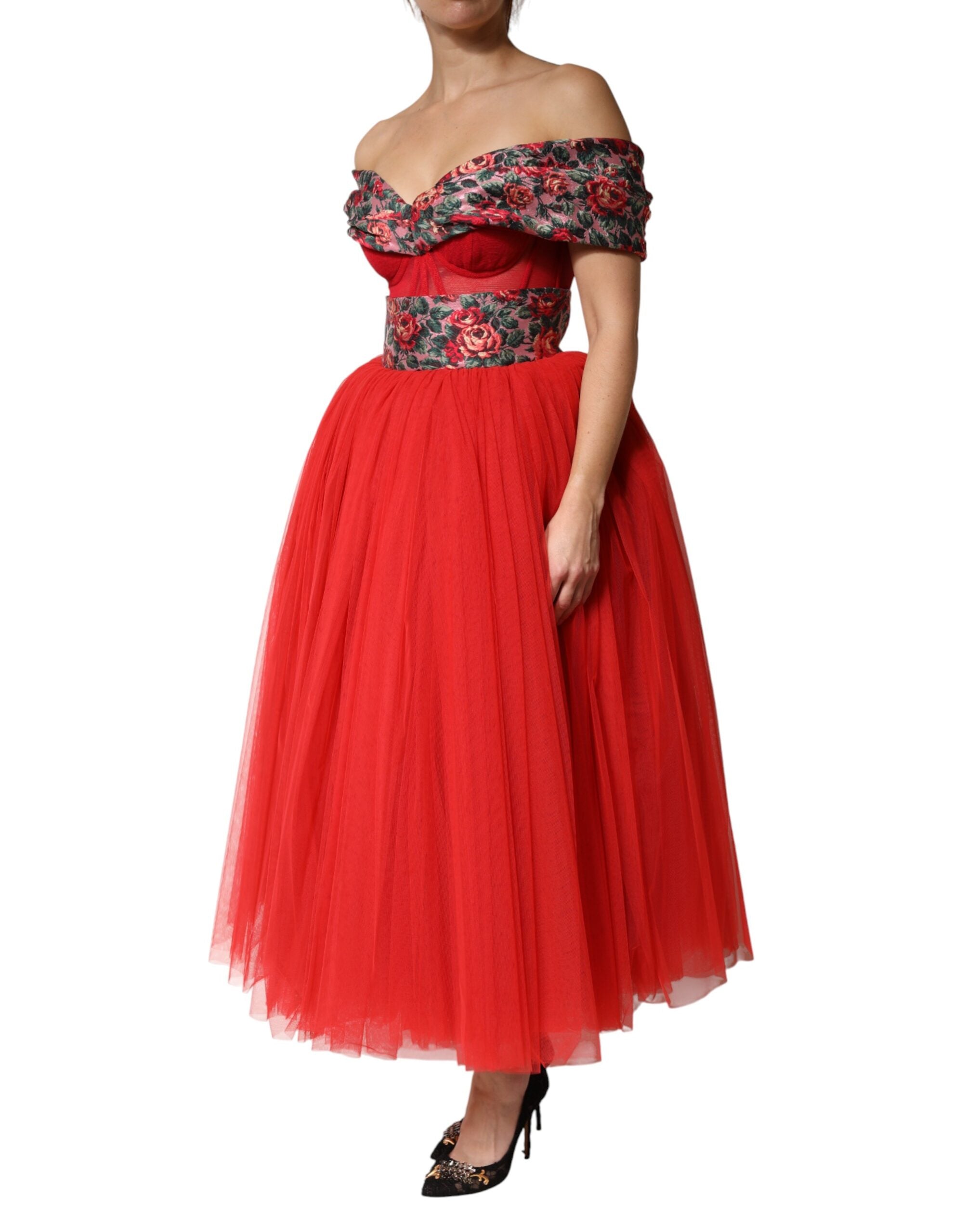 Dolce & Gabbana Rotes florales schulterfreies A-Linien-Abendkleid