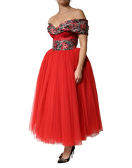 Dolce & Gabbana Rotes florales schulterfreies A-Linien-Abendkleid