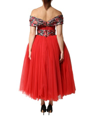 Dolce & Gabbana Rotes florales schulterfreies A-Linien-Abendkleid