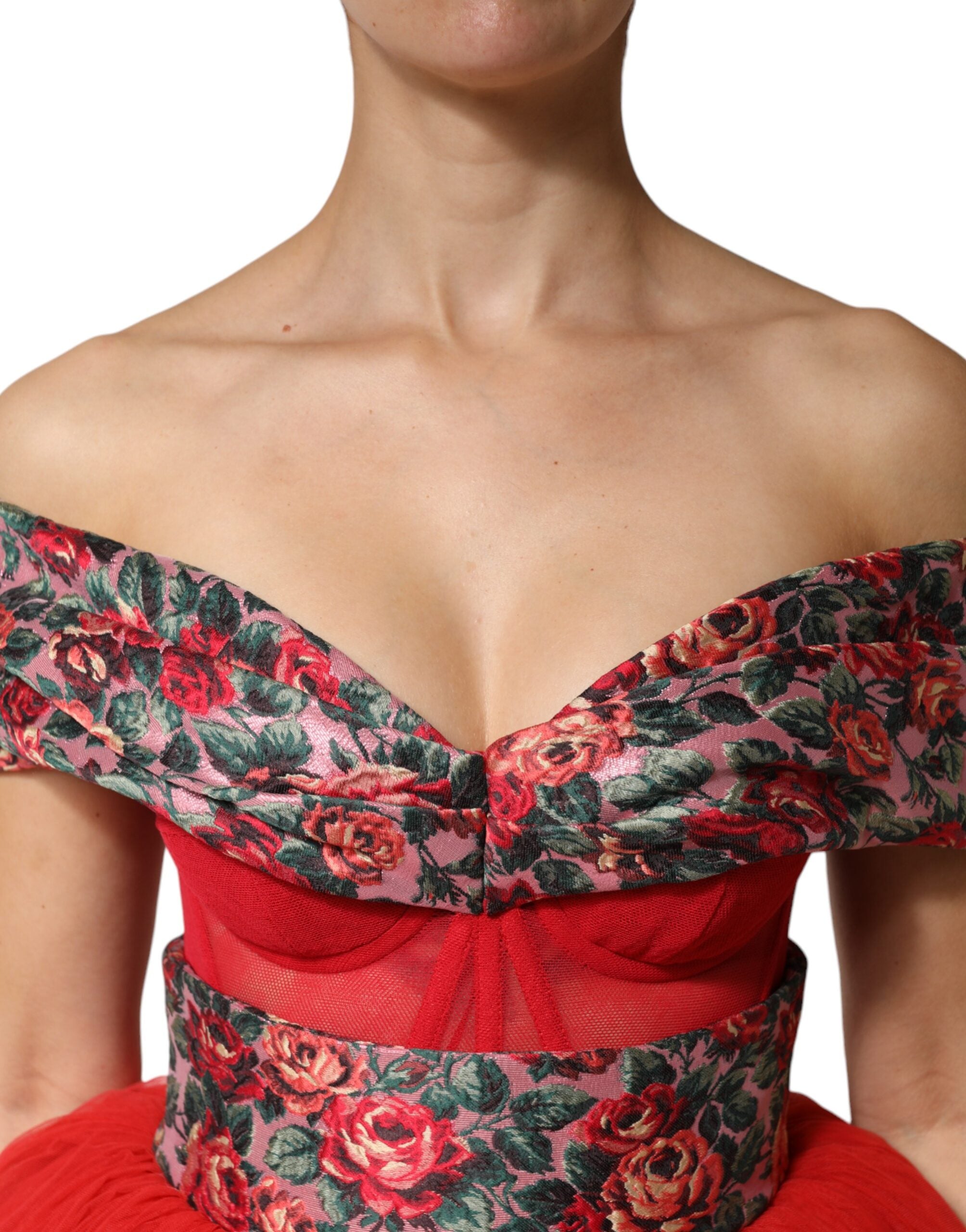 Dolce & Gabbana Rotes florales schulterfreies A-Linien-Abendkleid