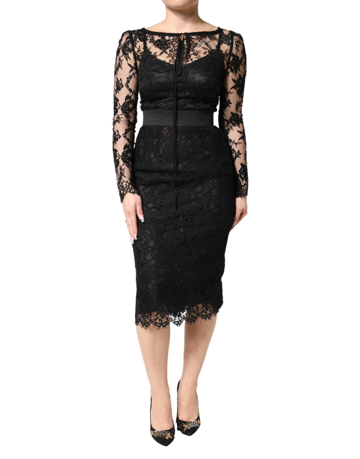 Dolce & Gabbana Schwarzes Etuikleid aus Baumwolle mit Spitzenbesatz