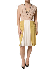 FILOS Mehrfarbiges Seidenkleid mit tiefem V-Ausschnitt, ärmellos, knielang