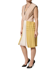 FILOS Mehrfarbiges Seidenkleid mit tiefem V-Ausschnitt, ärmellos, knielang