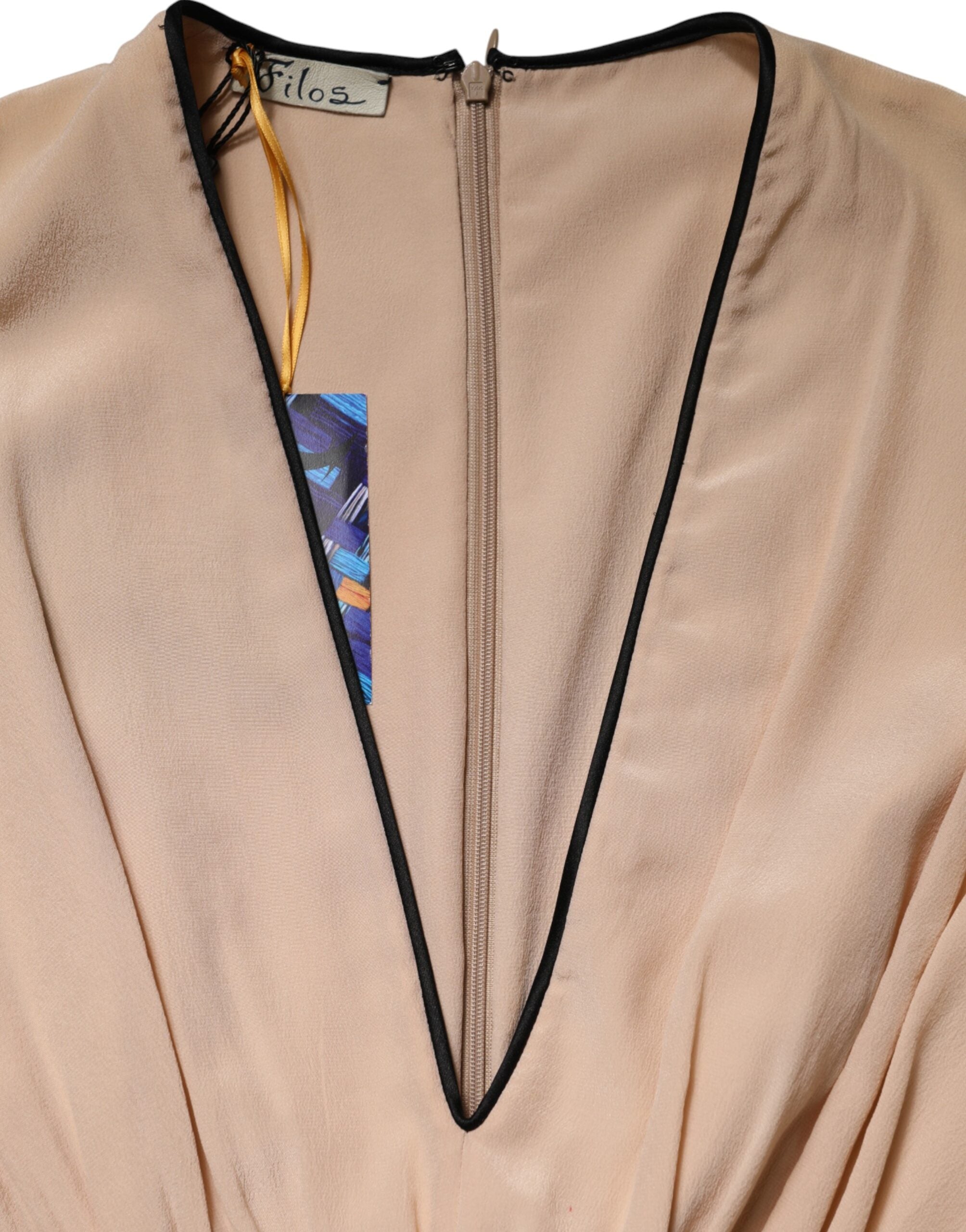 FILOS Mehrfarbiges Seidenkleid mit tiefem V-Ausschnitt, ärmellos, knielang