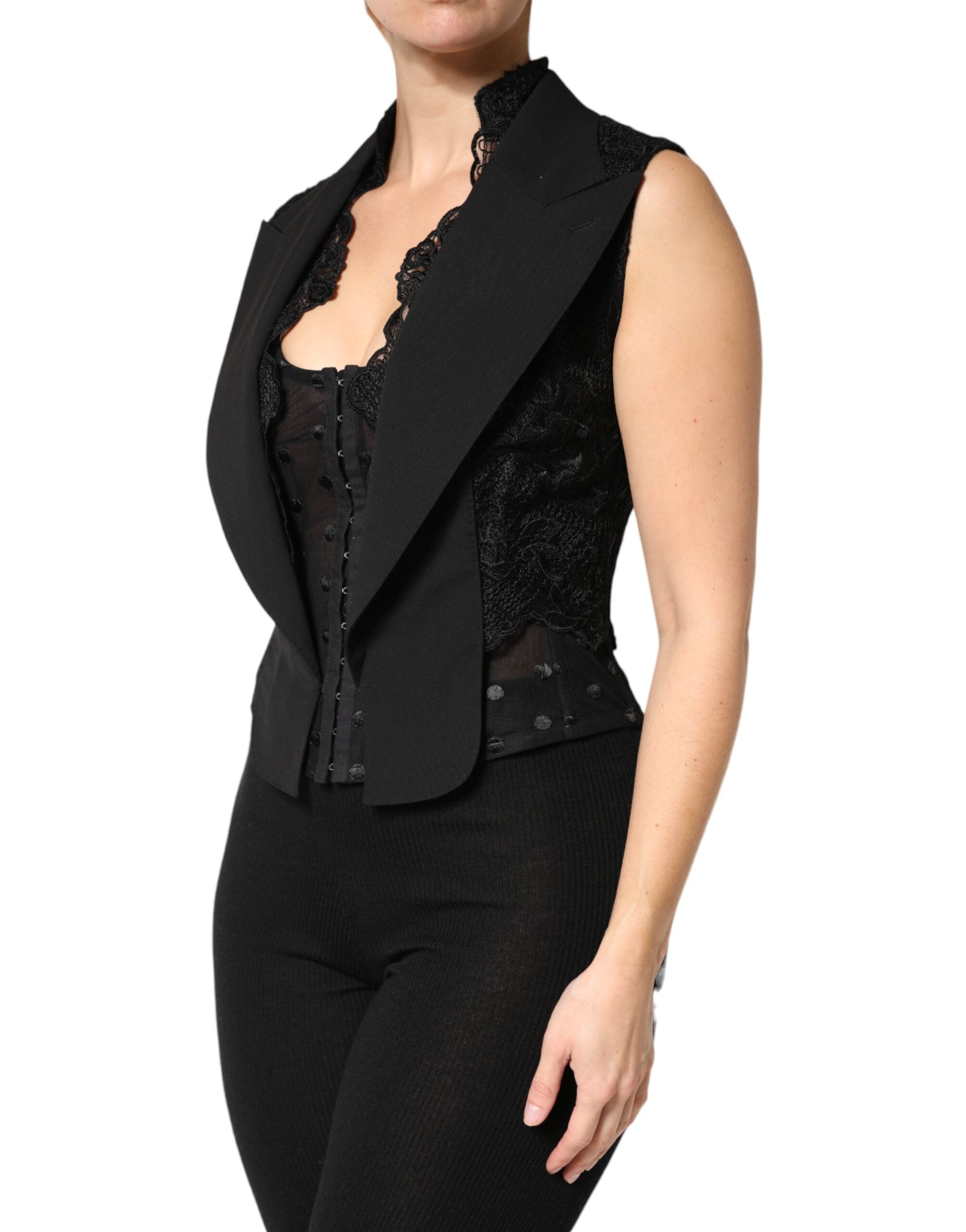 Dolce & Gabbana Schwarze Spitzenweste mit V-Ausschnitt, geschlitztem Saum und geraffter Taille