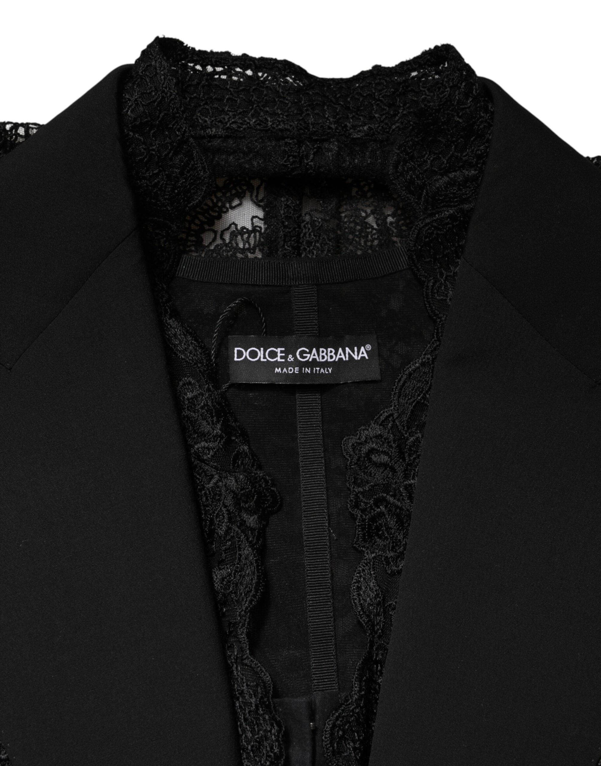 Dolce & Gabbana Schwarze Spitzenweste mit V-Ausschnitt, geschlitztem Saum und geraffter Taille