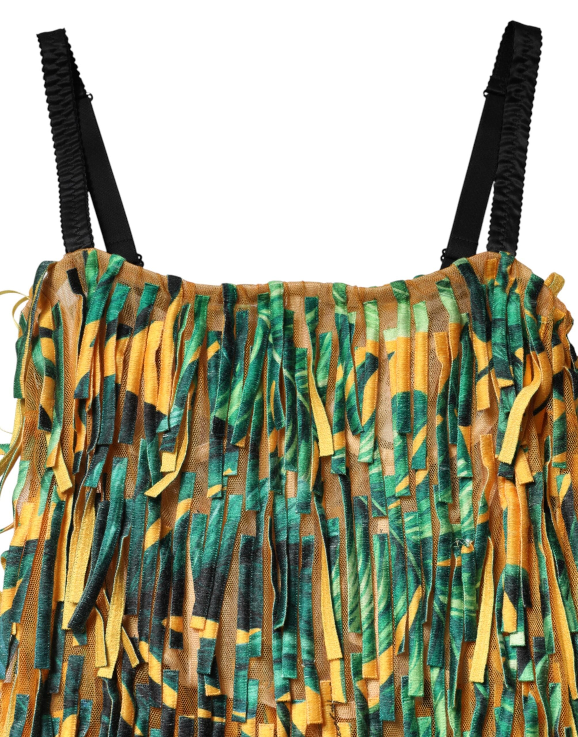 Dolce & Gabbana Maxikleid mit mehrfarbigem Tropenprint und Fransen