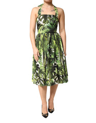 Dolce & Gabbana grünes Midi-Neckholder-Kleid aus Baumwolle mit Blättermuster