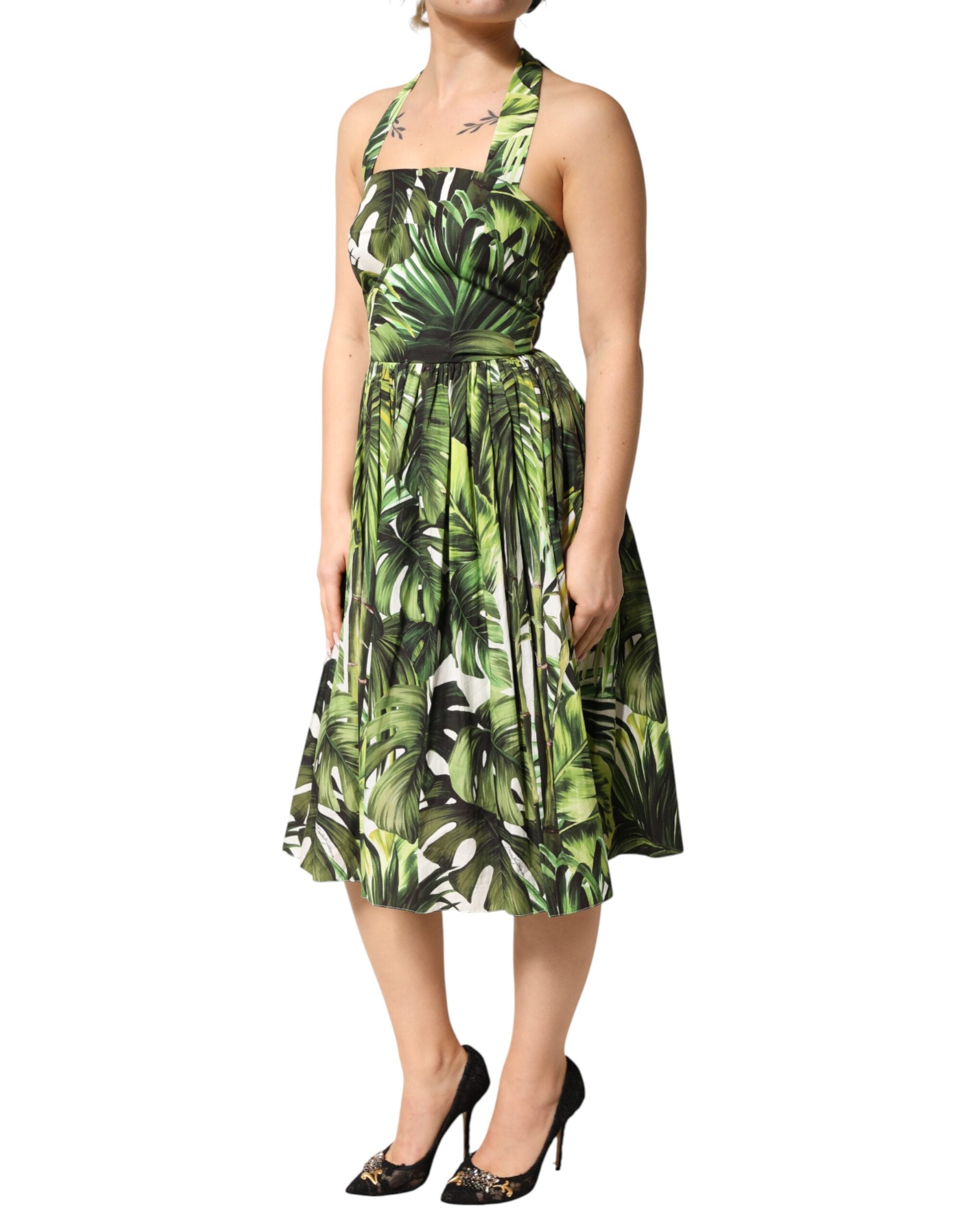Dolce & Gabbana grünes Midi-Neckholder-Kleid aus Baumwolle mit Blättermuster