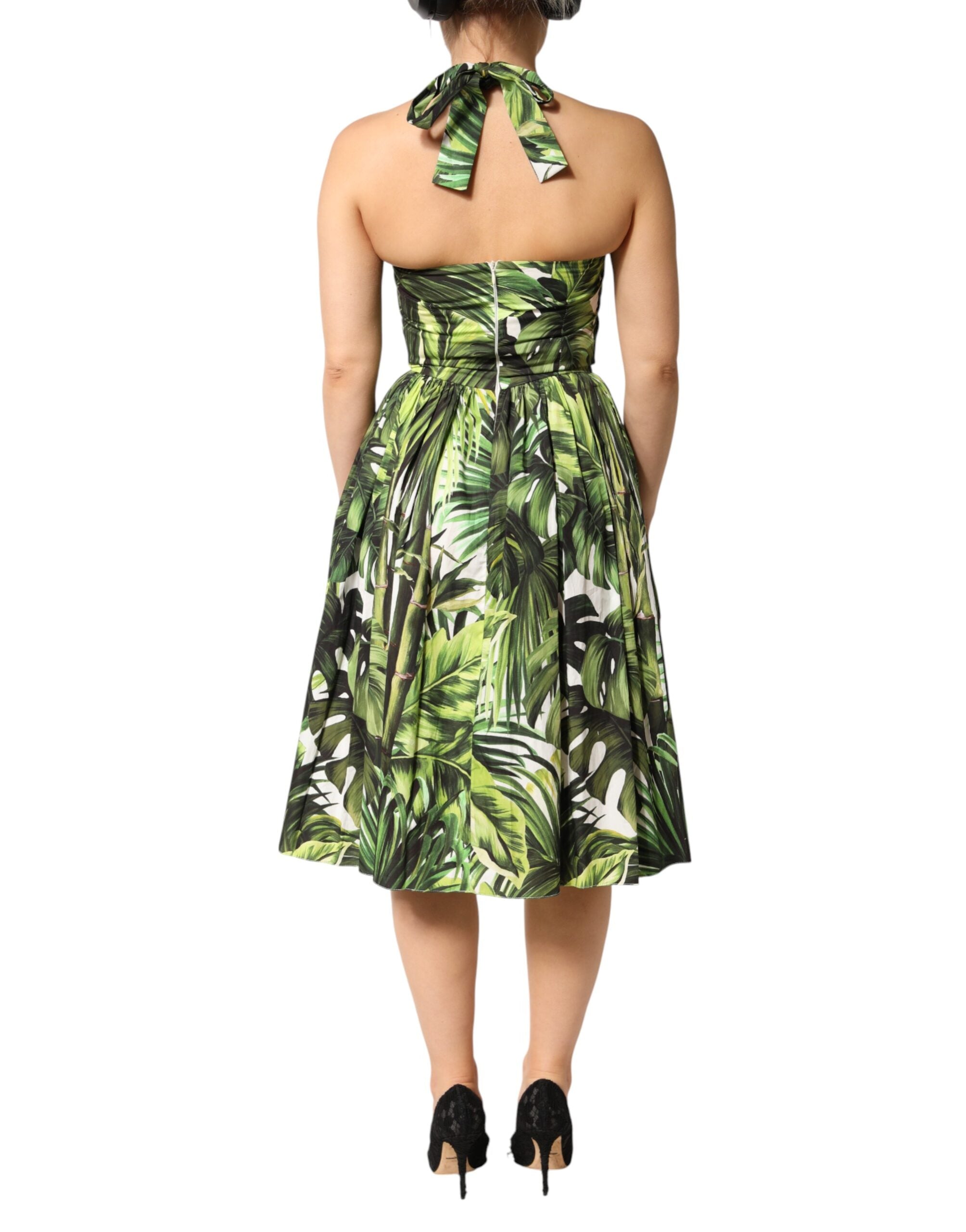 Dolce & Gabbana grünes Midi-Neckholder-Kleid aus Baumwolle mit Blättermuster