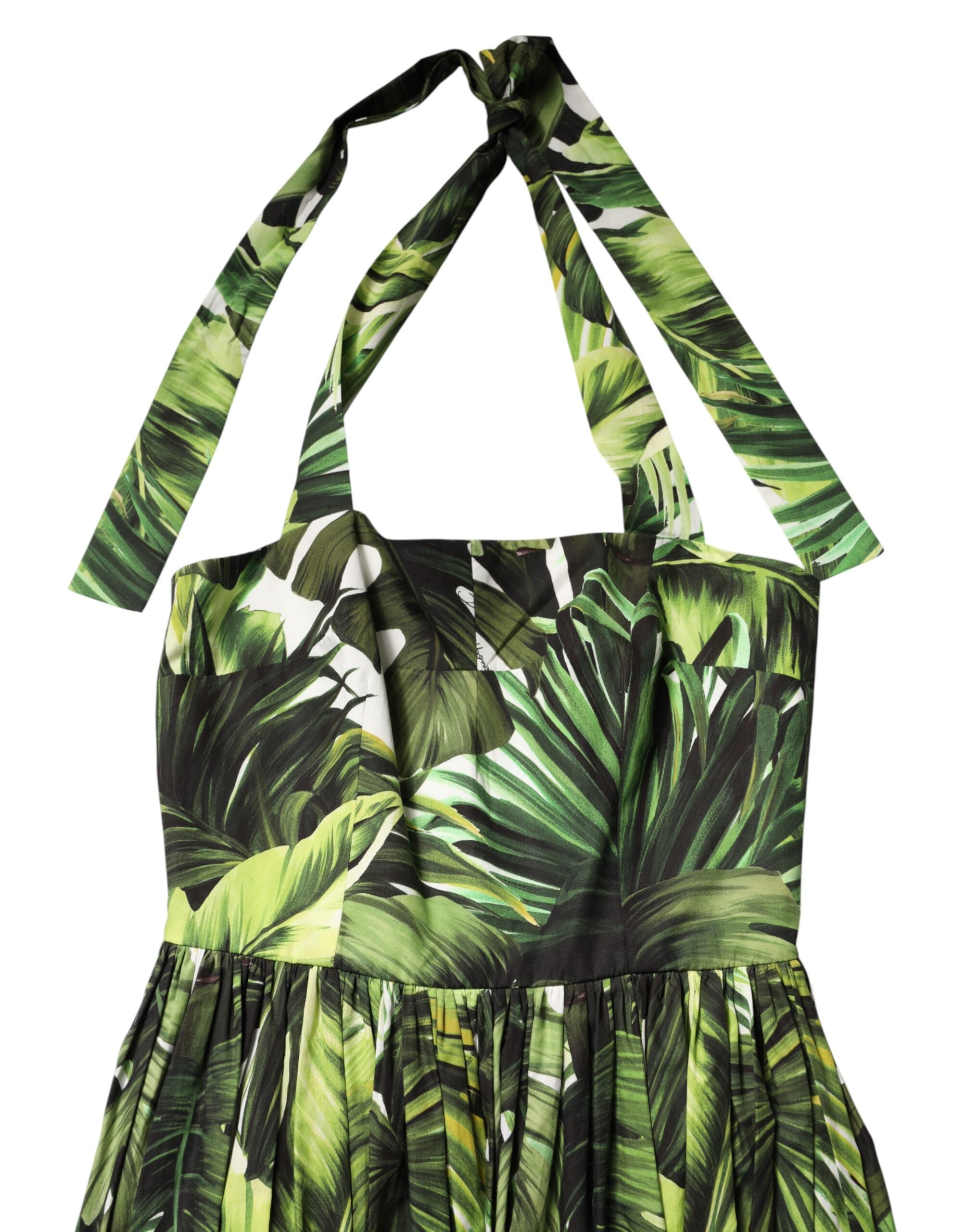 Dolce & Gabbana grünes Midi-Neckholder-Kleid aus Baumwolle mit Blättermuster