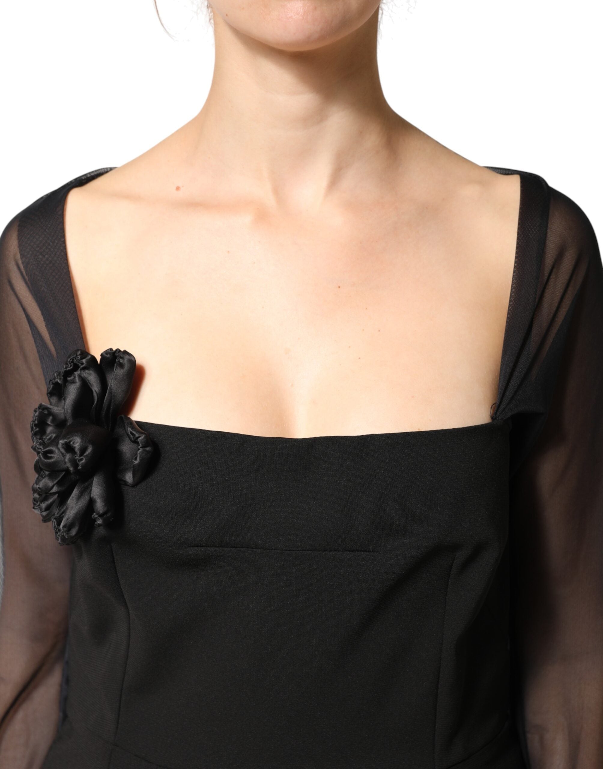 Dolce & Gabbana Schwarzes Etuikleid mit transparenter Passe und Rosetten, Midilänge