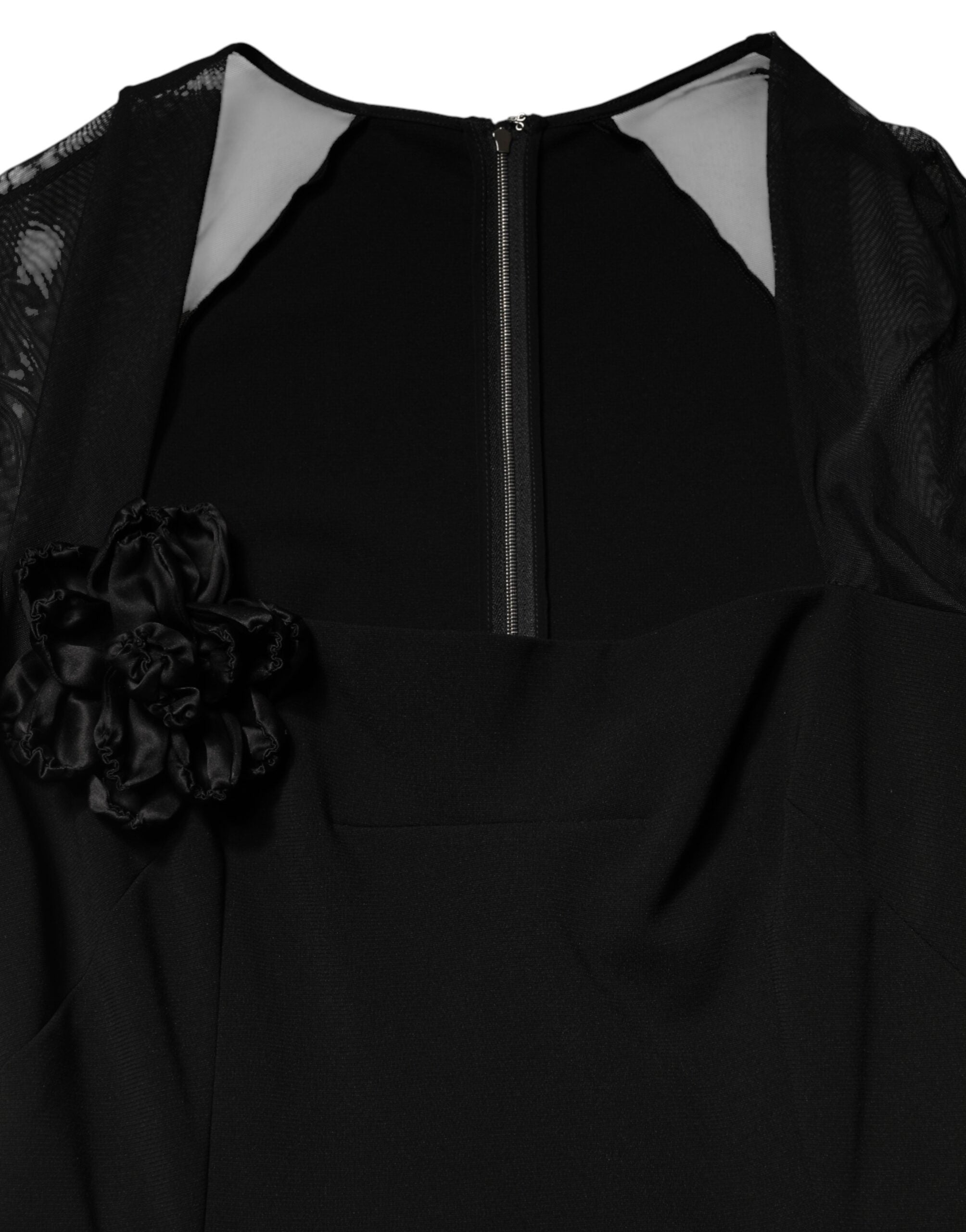 Dolce & Gabbana Schwarzes Etuikleid mit transparenter Passe und Rosetten, Midilänge