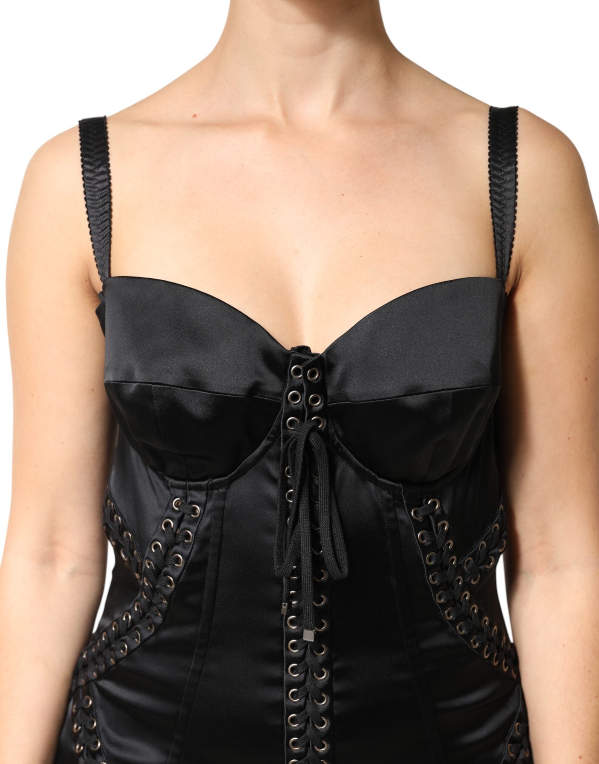 Dolce & Gabbana Schwarzes Satin-Acetat-Minikleid mit Spitze und Ösen