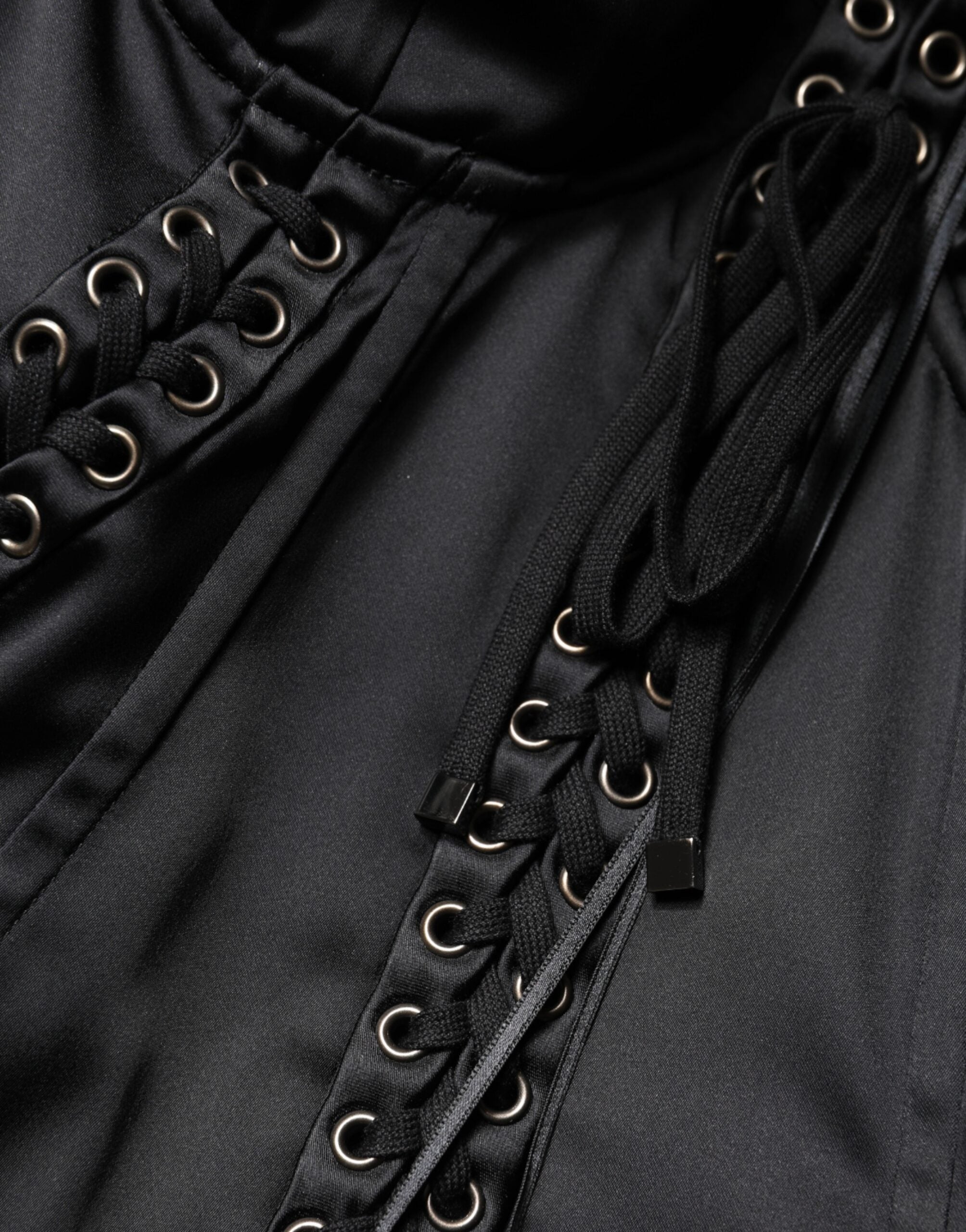 Dolce & Gabbana Schwarzes Satin-Acetat-Minikleid mit Spitze und Ösen