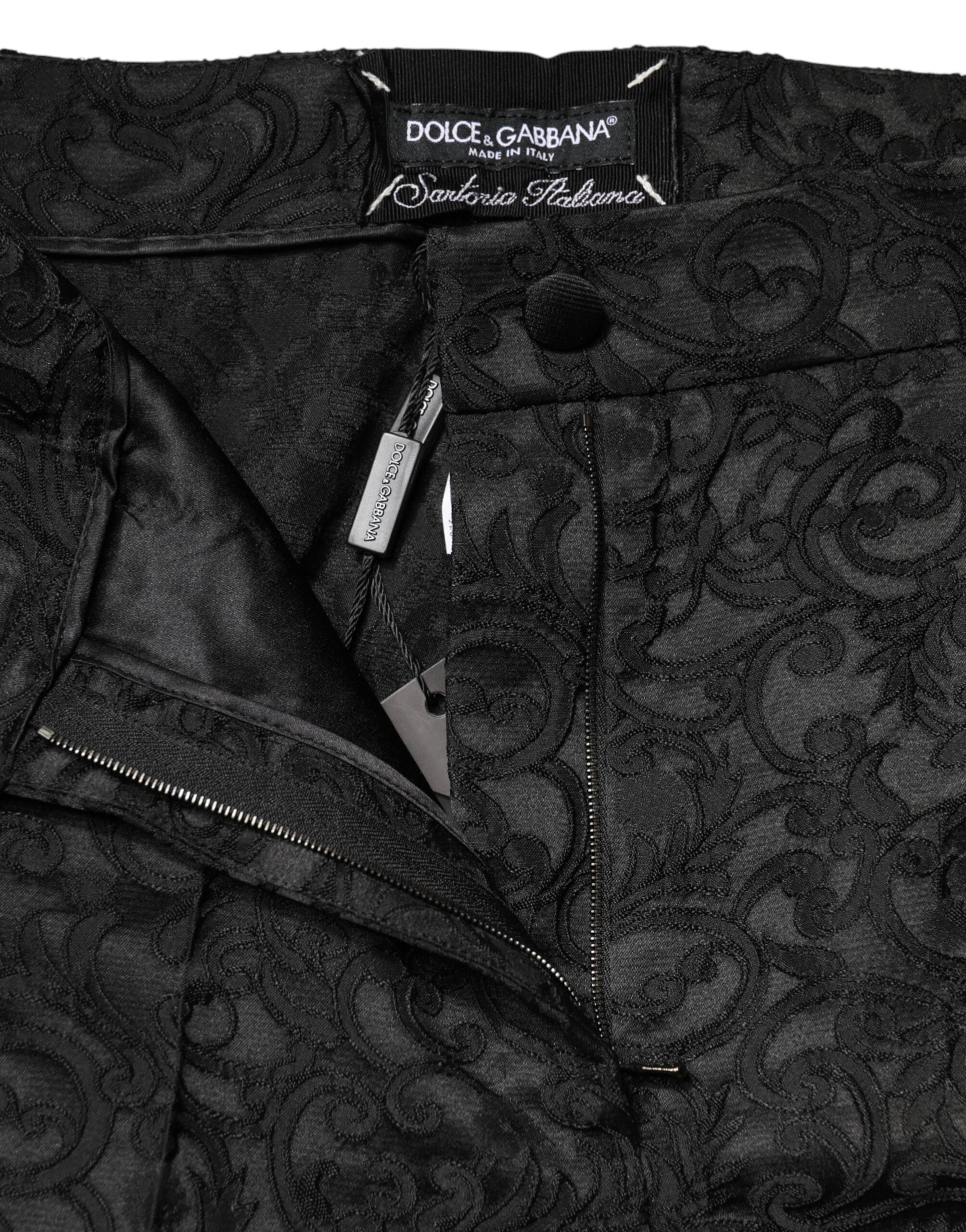 Dolce & Gabbana Schwarze High-Waisted Brokat-Hose mit Blumenmuster