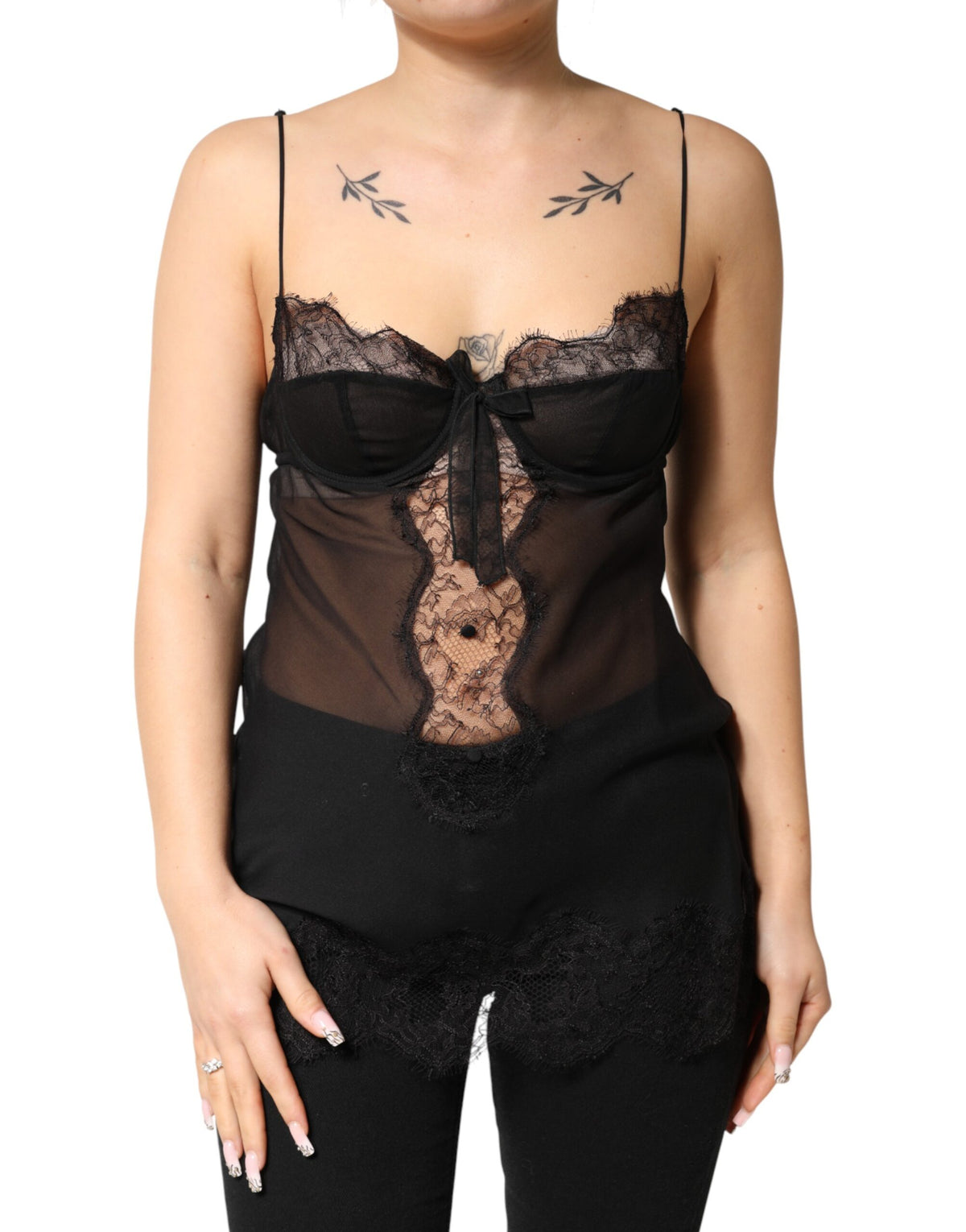 Dolce & Gabbana Schwarzes Seiden-Blumen-Spitzen-Chemise-Dessous-Top