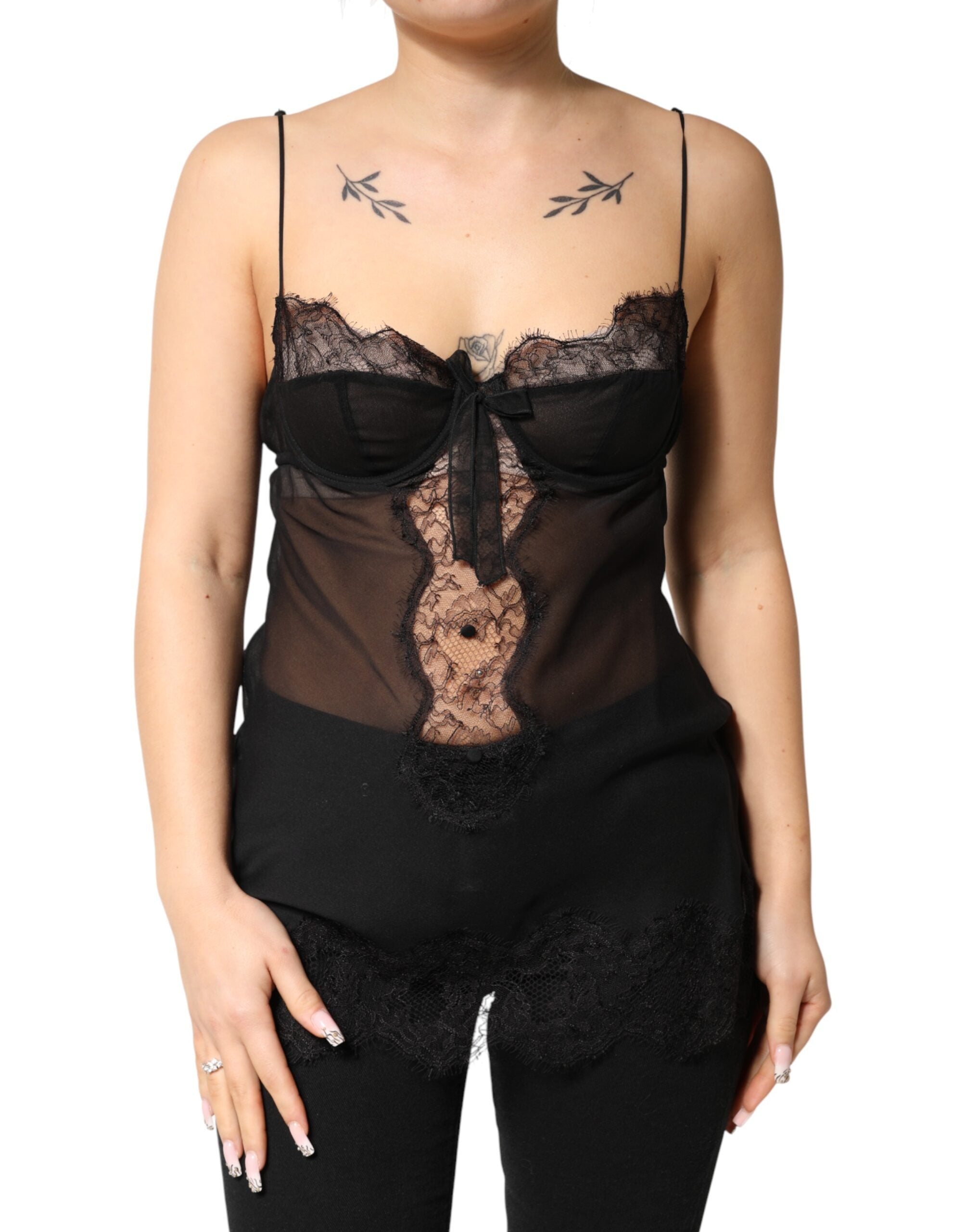 Dolce & Gabbana Schwarzes Seiden-Blumen-Spitzen-Chemise-Dessous-Top