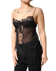 Dolce & Gabbana Schwarzes Seiden-Blumen-Spitzen-Chemise-Dessous-Top
