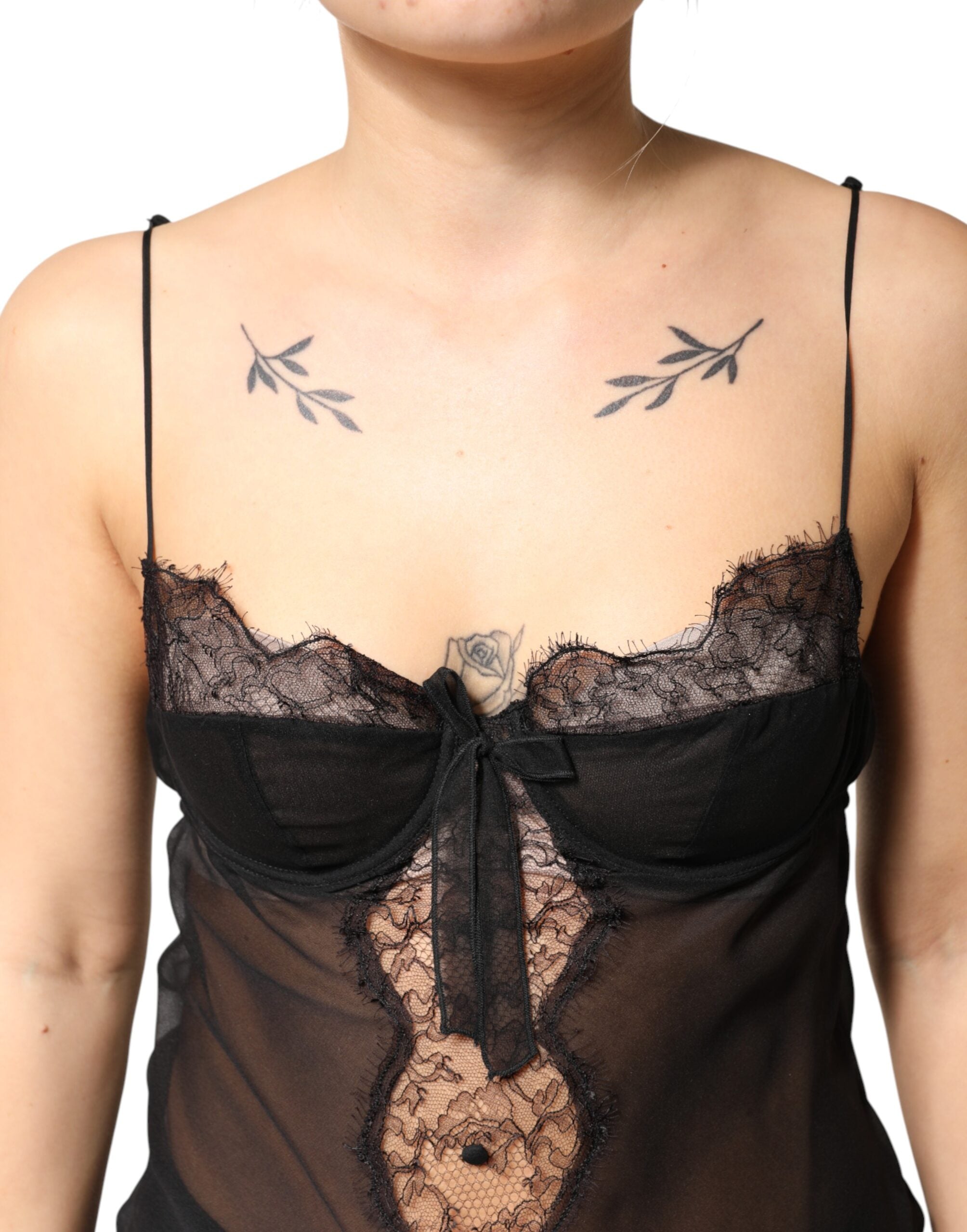 Dolce & Gabbana Schwarzes Seiden-Blumen-Spitzen-Chemise-Dessous-Top