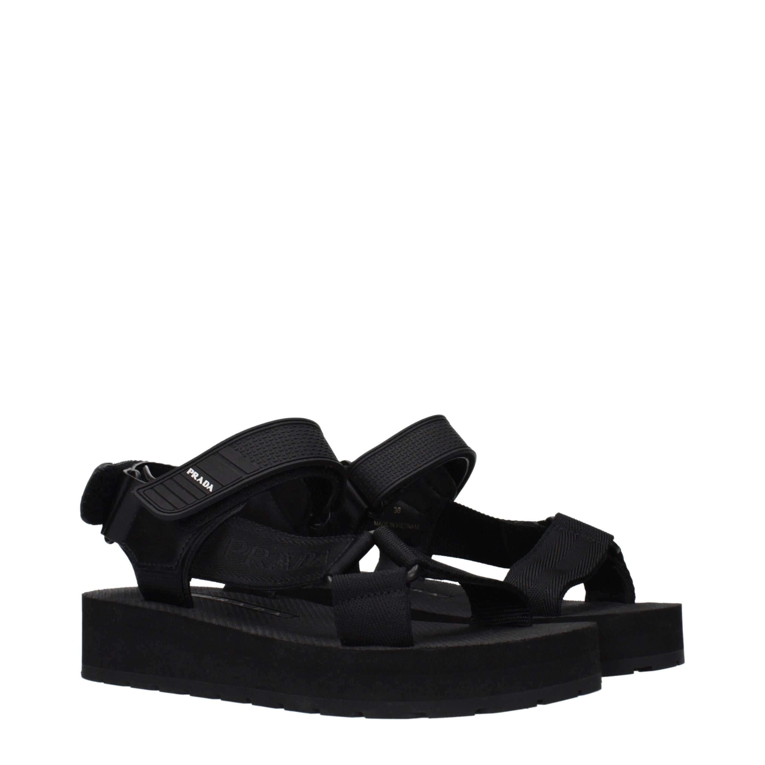 Prada Zwarte Stoffen Platte Sandalen