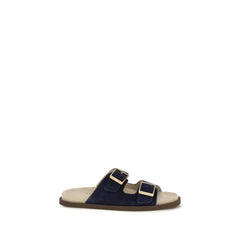 Brunello Cucinelli Blue Calf Leather Bos Taurus Flat Sandals