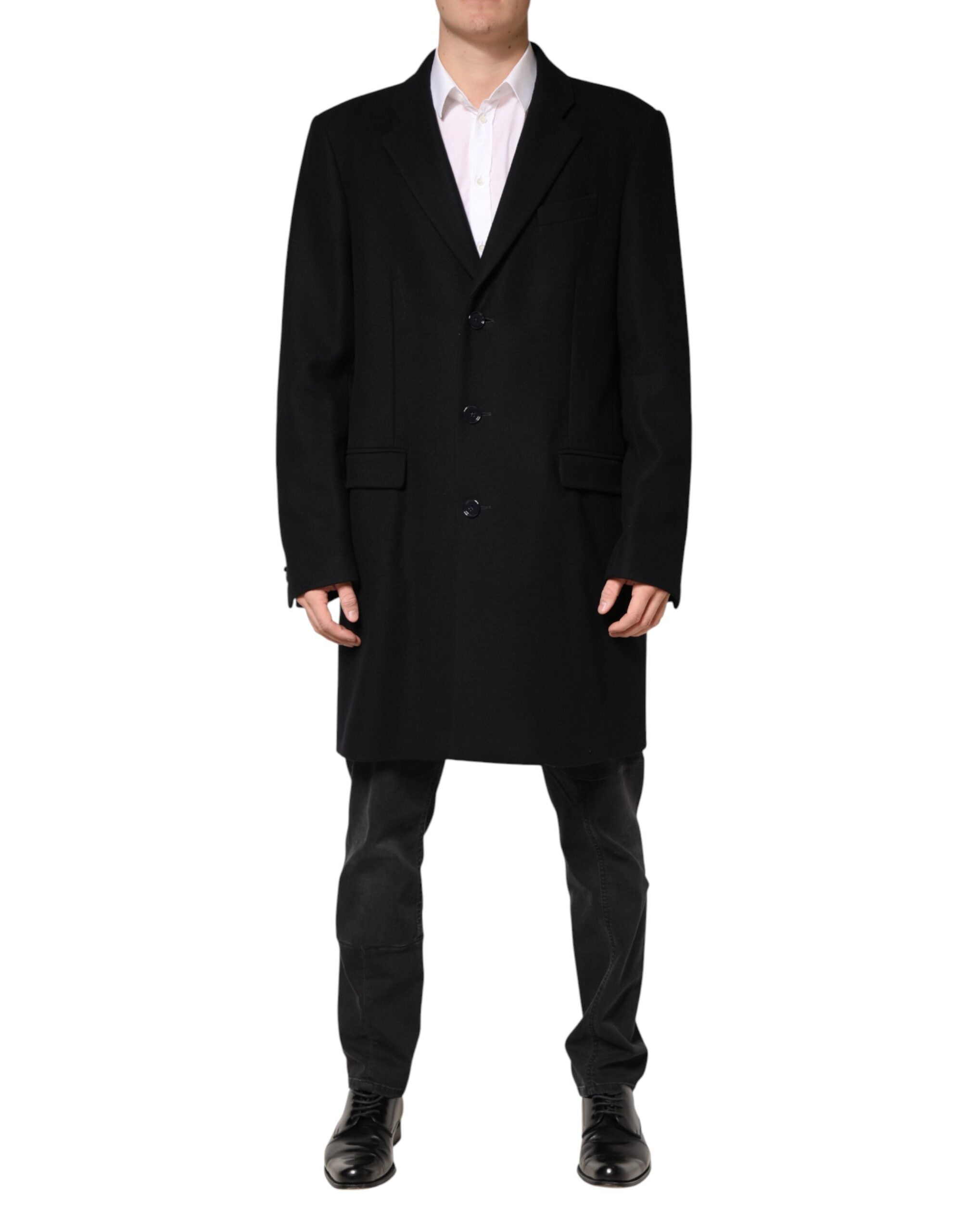 Dolce & Gabbana Schwarzer Einreihiger Langer Wollmantel
