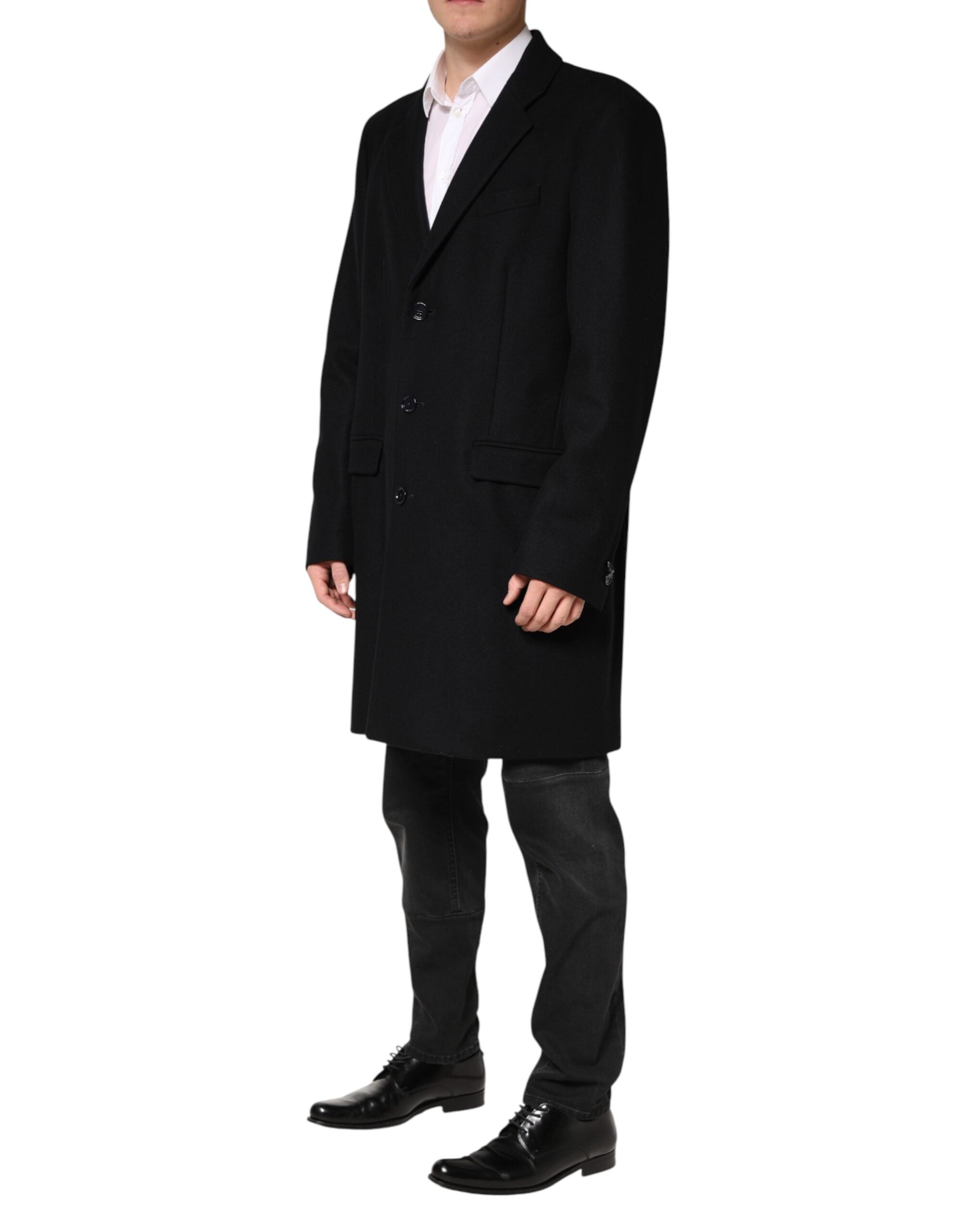 Dolce & Gabbana Schwarzer Einreihiger Langer Wollmantel