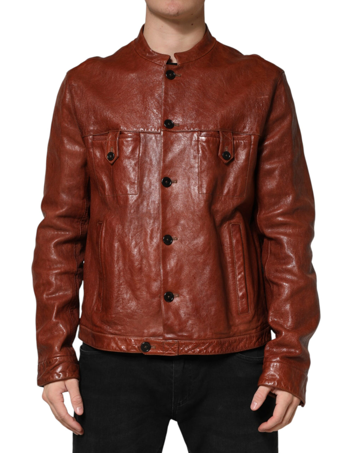 Dolce & Gabbana Braune Leder-Knopfleiste Herren Bikerjacke