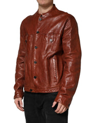 Dolce & Gabbana Braune Leder-Knopfleiste Herren Bikerjacke