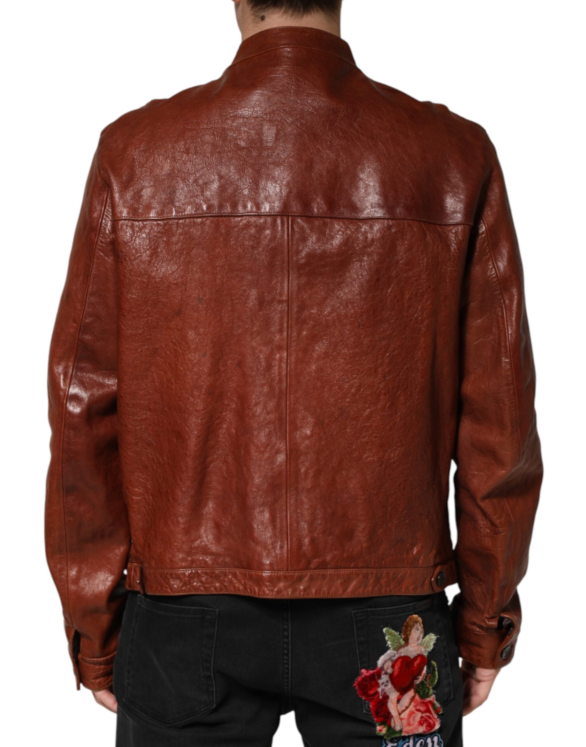 Dolce & Gabbana Braune Leder-Knopfleiste Herren Bikerjacke