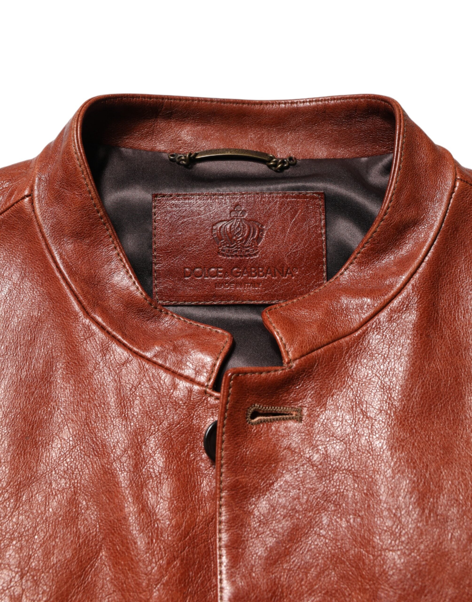 Dolce & Gabbana Braune Leder-Knopfleiste Herren Bikerjacke