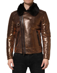 Dolce & Gabbana Bronze Leder Fell Full Zip Herren Bikerjacke