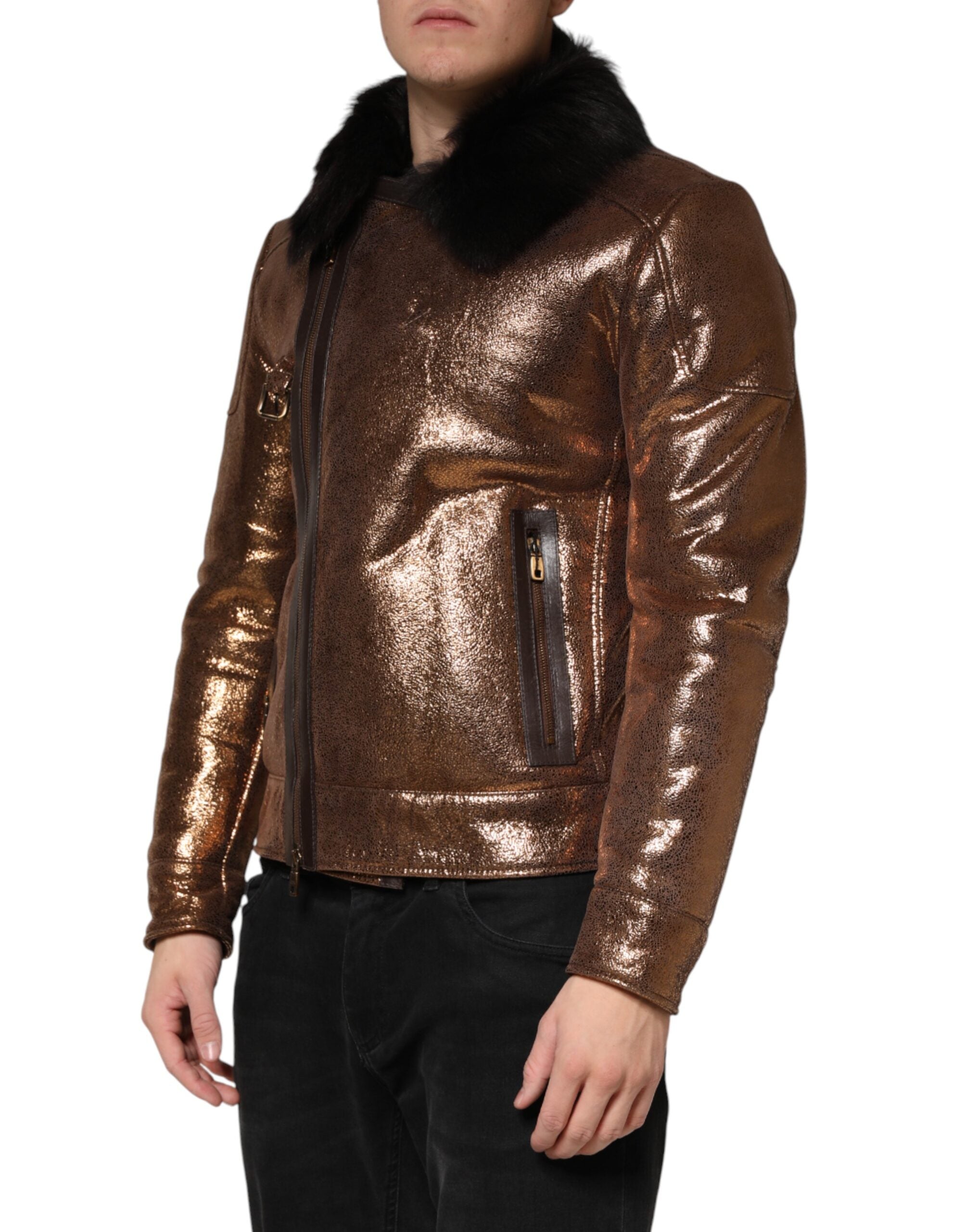 Dolce & Gabbana Bronze Leder Fell Full Zip Herren Bikerjacke