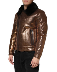 Dolce & Gabbana Bronze Leder Fell Full Zip Herren Bikerjacke