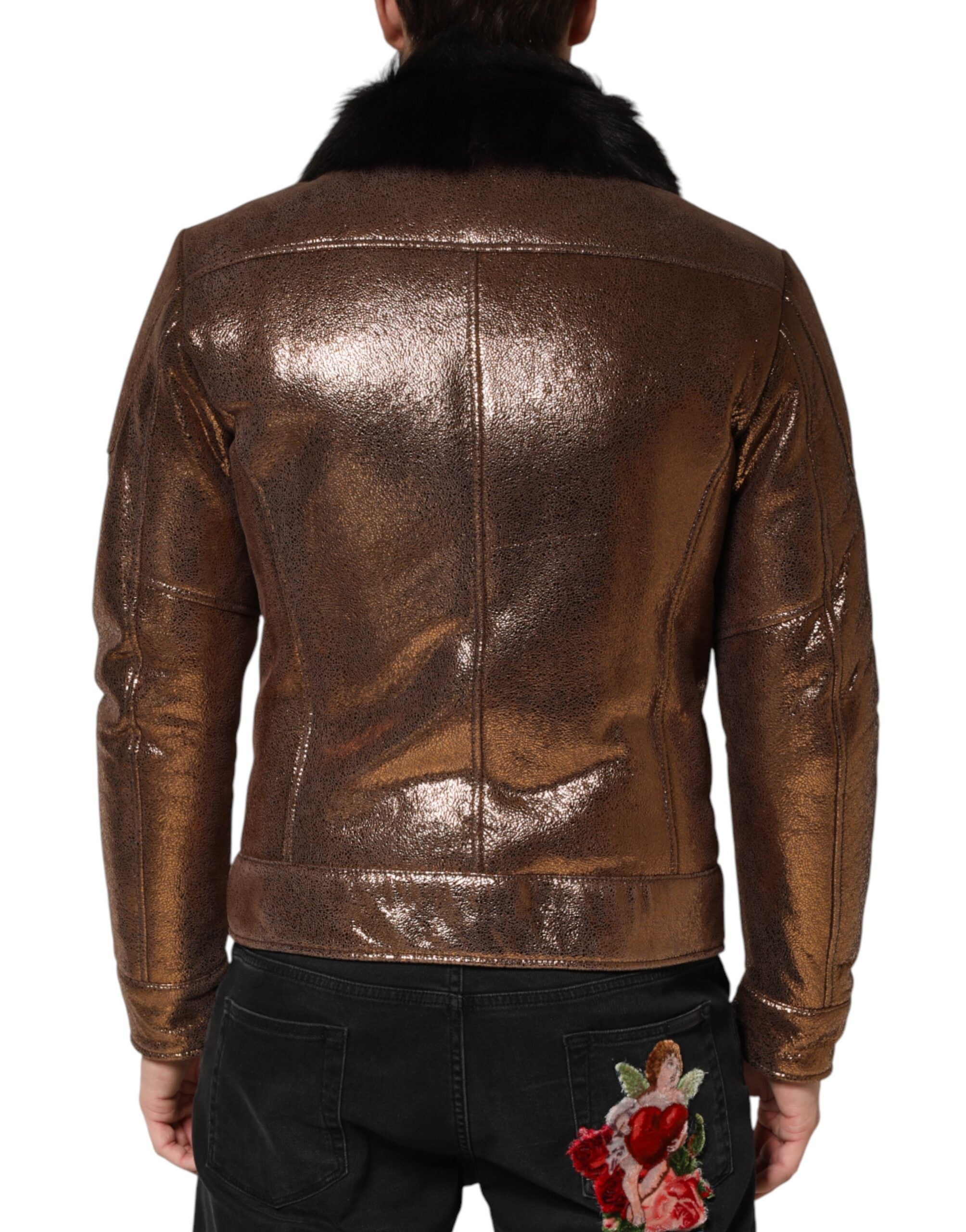 Dolce & Gabbana Bronze Leder Fell Full Zip Herren Bikerjacke