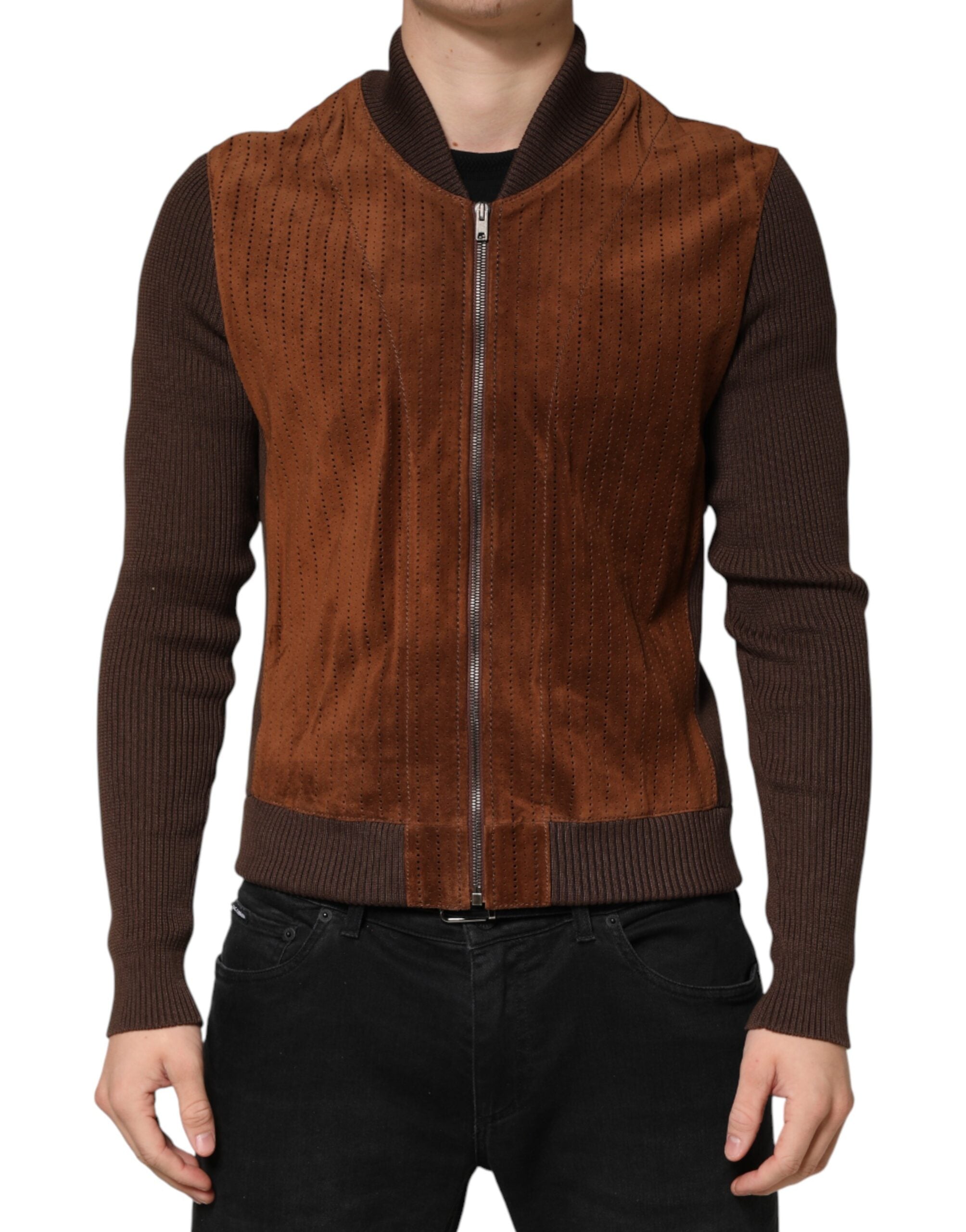 Dolce & Gabbana Bikerjacke aus braunem Kalbsleder-Samt mit durchgehendem Reißverschluss
