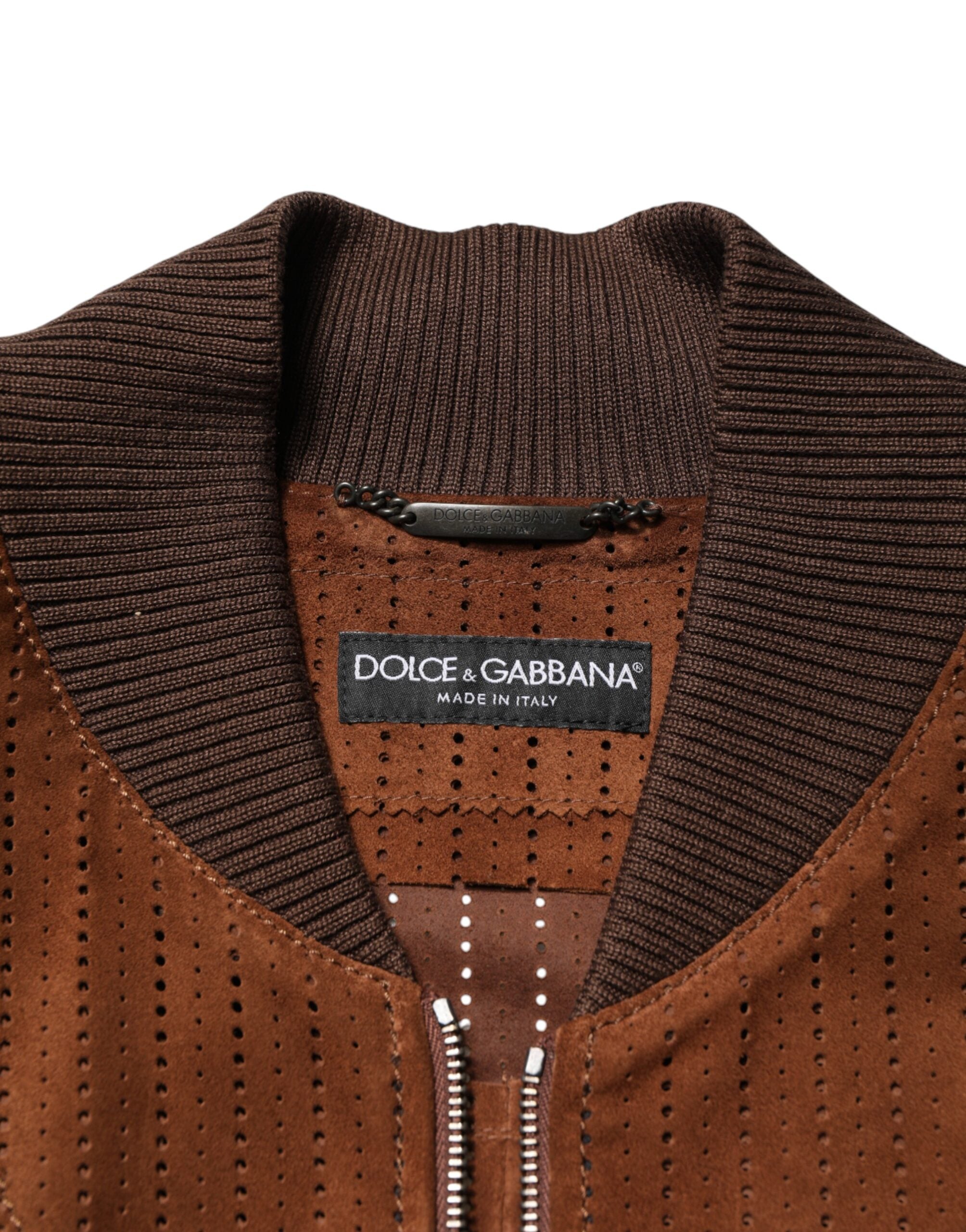Dolce & Gabbana Bikerjacke aus braunem Kalbsleder-Samt mit durchgehendem Reißverschluss
